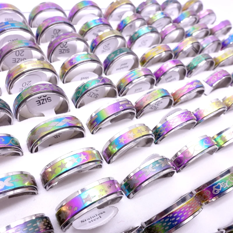 Wholesale 50pcs/Lot Mens Womens Multicolor Stainless Steel Spinner Rings Fashion Jewelry Variety of Patterns Size 17-21mm