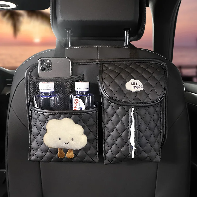 Cute Cartoon Car Paper Tissue Holder for Front Seat Pocket Diamond Crown Auto Backseat Organizer Leather Car Seat Purse (Black)