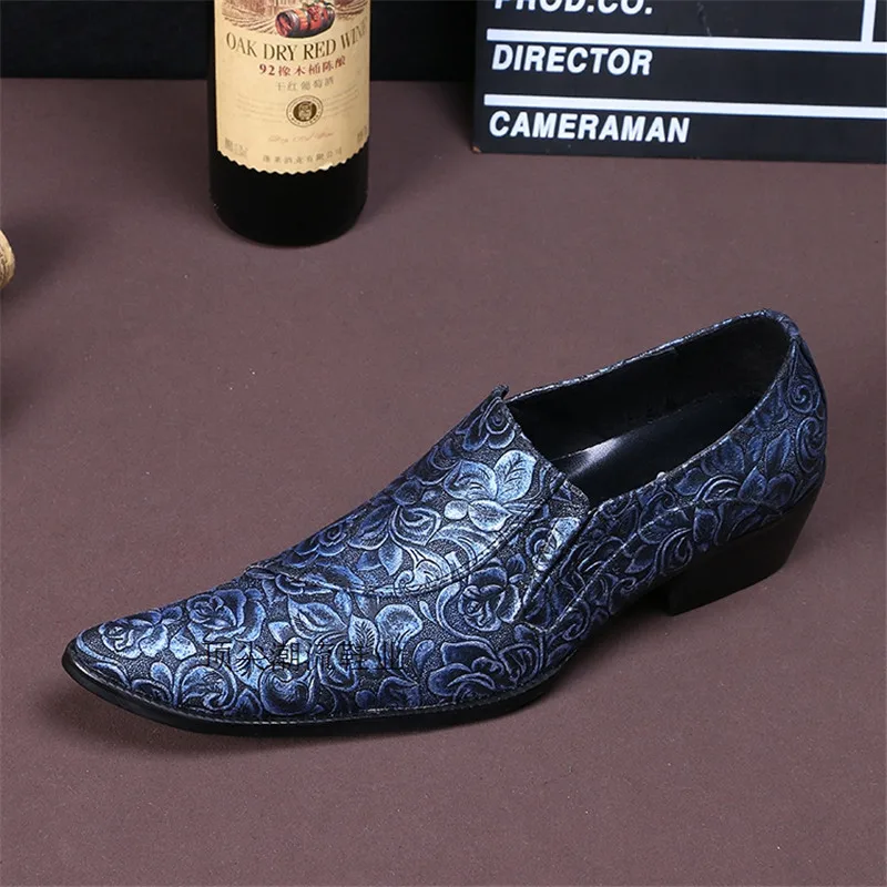 Zapatos Hombre Vestir Formal Genuine Leather Print Shoes Men Blue Pointed Slip On Shoes Handmade Comfortable Formal Dress Shoes