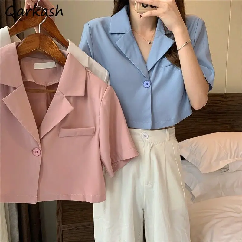 Shirts Women Chic Elegant Solid Office Ladies Summer Cropped Slim Popular Single Button Mujer Blusas Simple All-match Streetwear