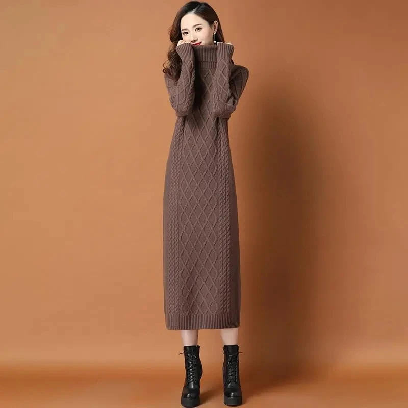 Female High Neck Long Sweater Women Thickened Autumn Winter 2024 New Loose Outer Wear Twist Base Dress Femme Knit Dress Elegant