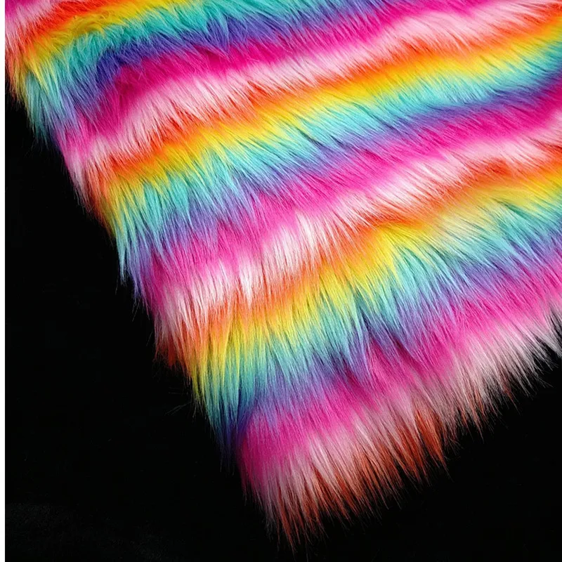 Colorful Strips Printing Plush Fabric, Imitation Fox Pile, Sofa Couch Bedroom Mat Cosplay DIY, Faux Fur Fabric, 1 Meter