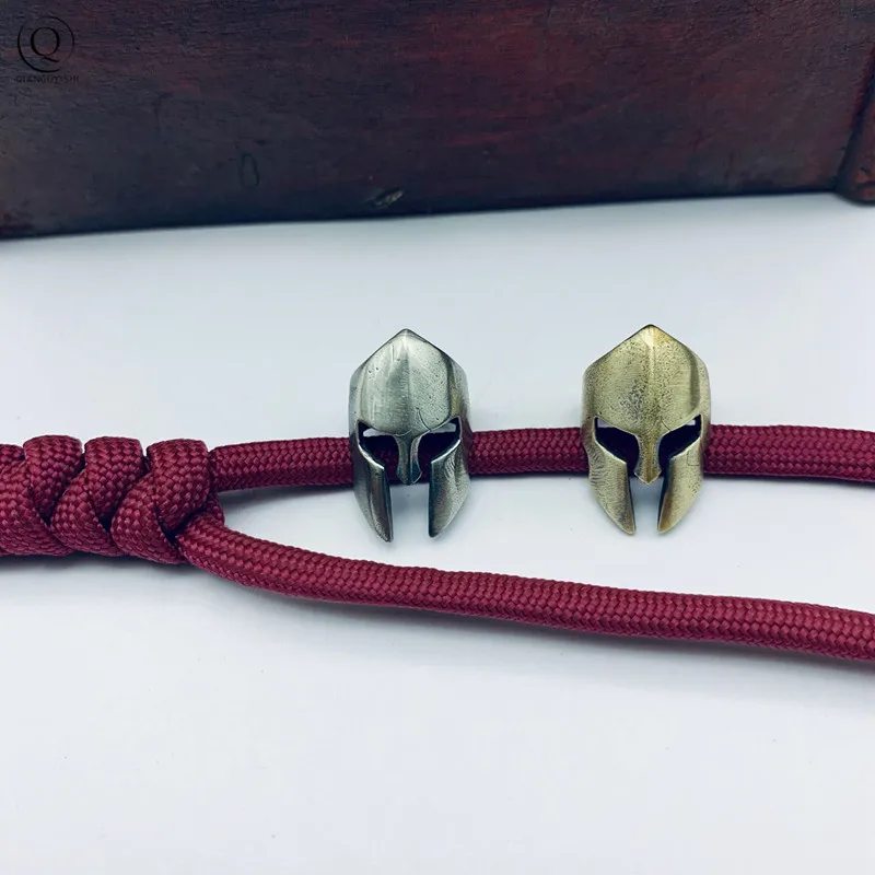 EDC Knife Bead Handmde Rope Pendants Retro Brass Spartan Warrior Helmet Umbrella Lanyard Hanging Jewelry DIY Keychain Accessory