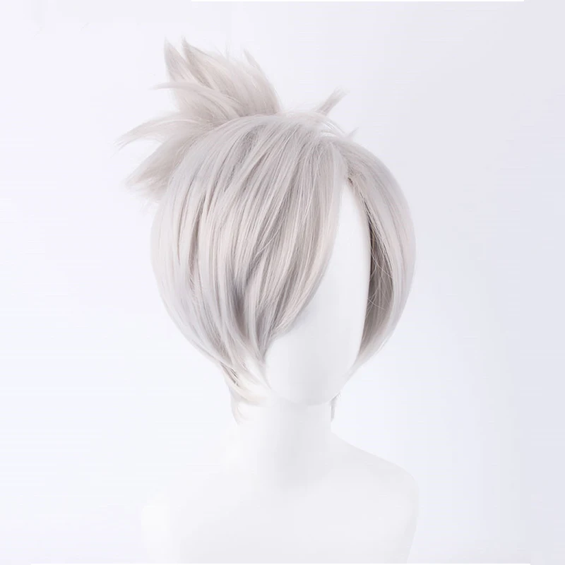 LOL Riven the Blade of Exile Wig Cosplay Costume Short Silver White Synthetic Hair Wigs with Chip Ponytail + Wig Cap