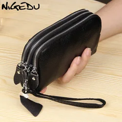 NIGEDU Long Women Wallet Genuine Leather 3 layers Zipper Wristlet Bag Big Capacity Lady Clutch Coin Purse Mobile phone bag black