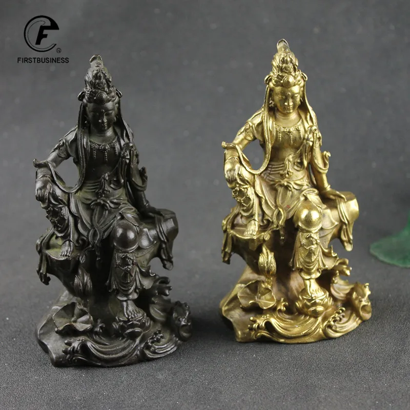 Chinese Style Leisurely Guan Yin Figurines Miniatures Copper Buddha Statue Home Decors Accessories Ornaments Bronze Collections