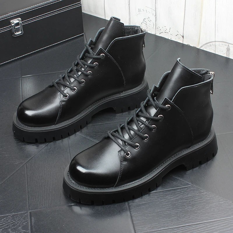 

men's fashion punk hip hop dress platform boots black genuine leather shoes tide spring autumn ankle boot cowboy botas masculina