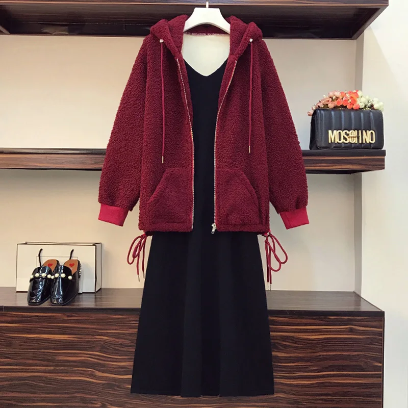 Winter Women Suit Large Tracksuit Hooded Lamb Wool Coat Top And Midi Knit Tank Dress Matching Outfit Plus Size 4XL Two Piece Set