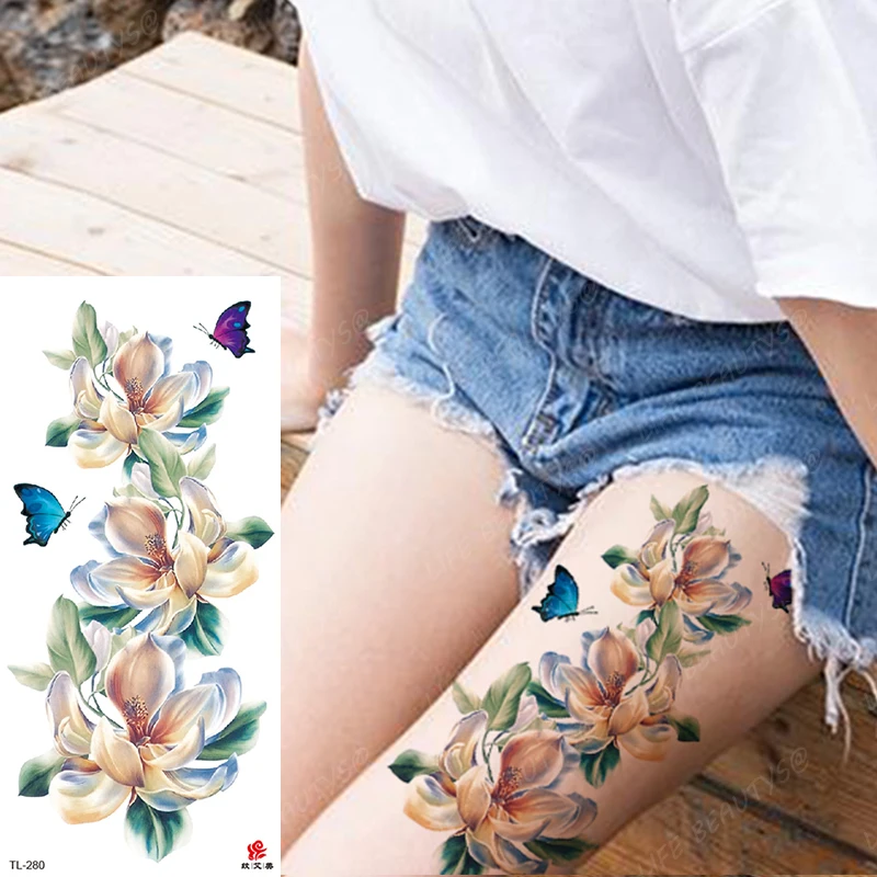 Beauty Colorful Flower Lotus Black Rose Waterproof Temporary Tattoo Body Art Arm Sleeve Water Transfer Fake Women Sticker