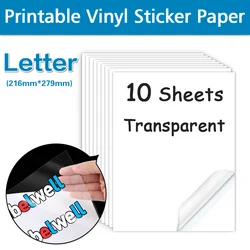 Papel adhesivo de vinilo imprimible transparente, papel de copia autoadhesivo impermeable A4 para impresora de inyección de tinta a etiquetas artesanales, 10 hojas