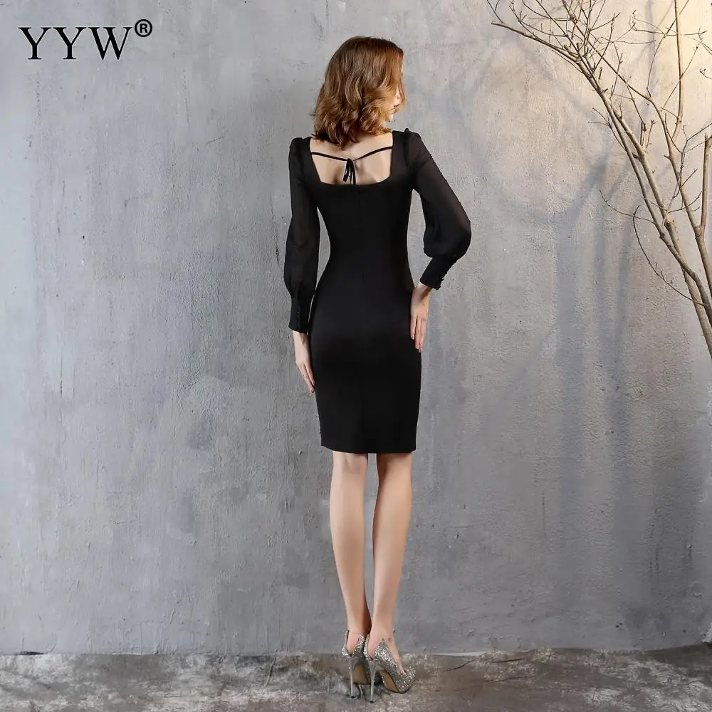 New Vintage Black Short Evening Dresss Side Slit Women Sexy Long Sleeve Solid Bodycon Short Party Dresses Femme Vestidos