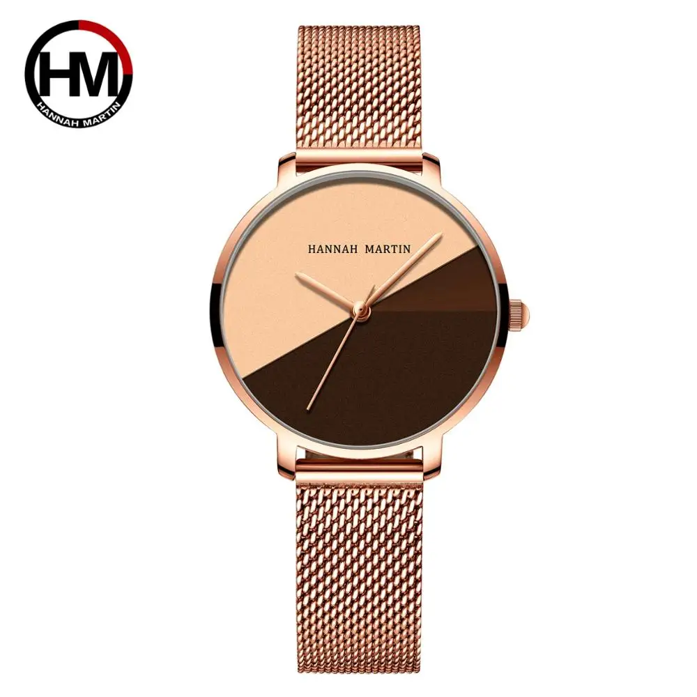 1 Set Bracelet & watch  Japan Quartz Lady Stainless Steel Mesh Double Surface Dial Gradient Rose Gold 30m Waterproof Women Watch