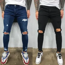 Men Jeans Black Blue Cool Skinny Knee Hole Ripped Stretch Slim Elastic Denim Pants Solid Color High Street Style Trousers Man