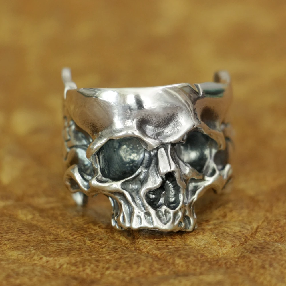 

LINSION 925 Sterling Silver Head Open Twisted Skull Ring Mens Biker Punk Ring TA186 US Size 7~15