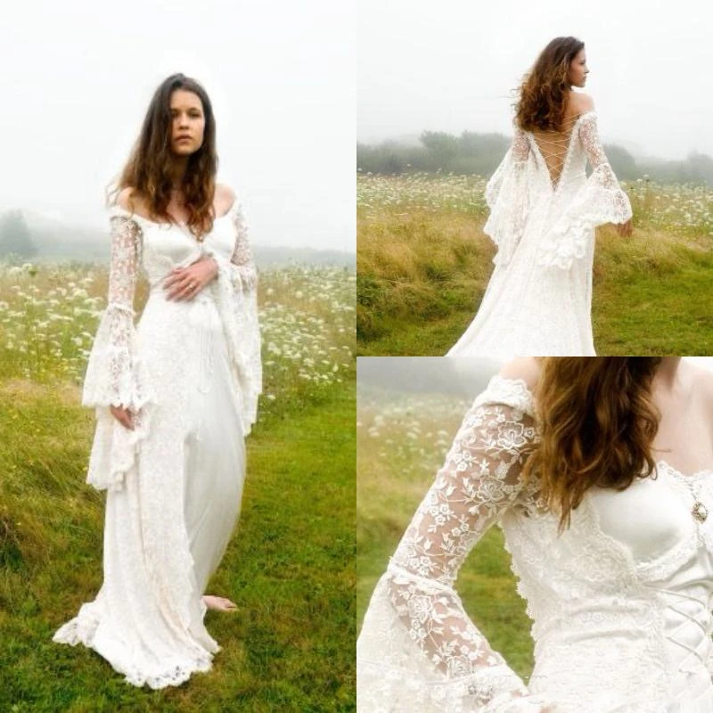 

Vintage Victorian Lace Wedding Dress A-Line Long Flare Sleeves Spring Medieval Women Gown Country Gothic Bridal Dress Customized