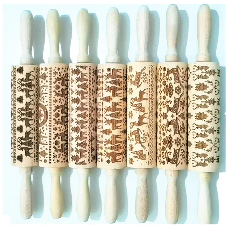 

Christmas Printing Rolling Pin Beech Laser Engraving Embossed Rolling Pin Cookies Christmas Rolling Pin Baking Accessories