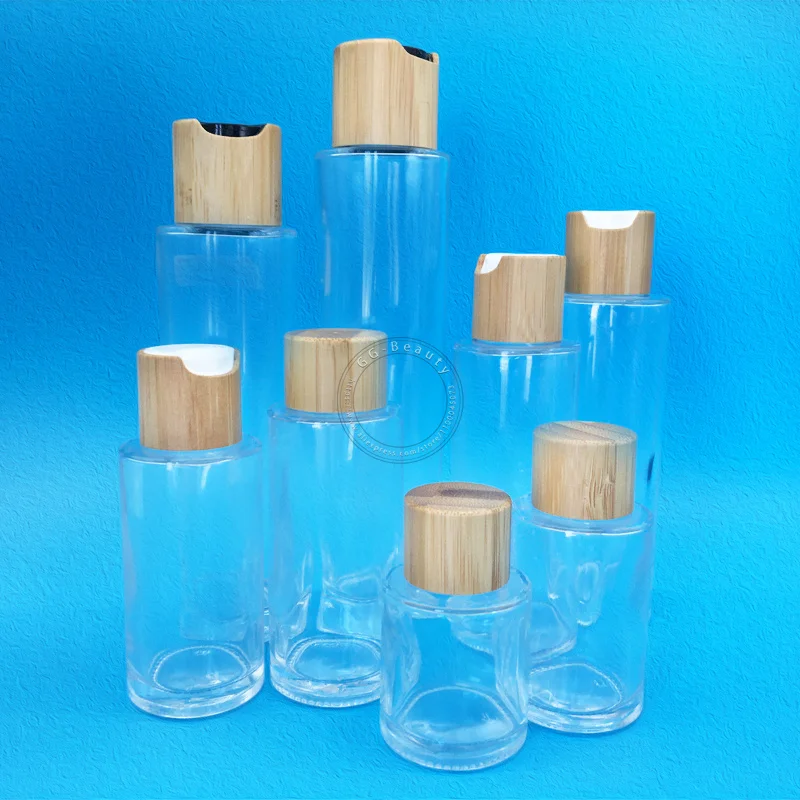 

30ML Clear Glass Bottles with Cosmetic Wood Grain Bamboo Cap Lotion Cream Skin Care Travel Containers Empty Sample Split Bottle