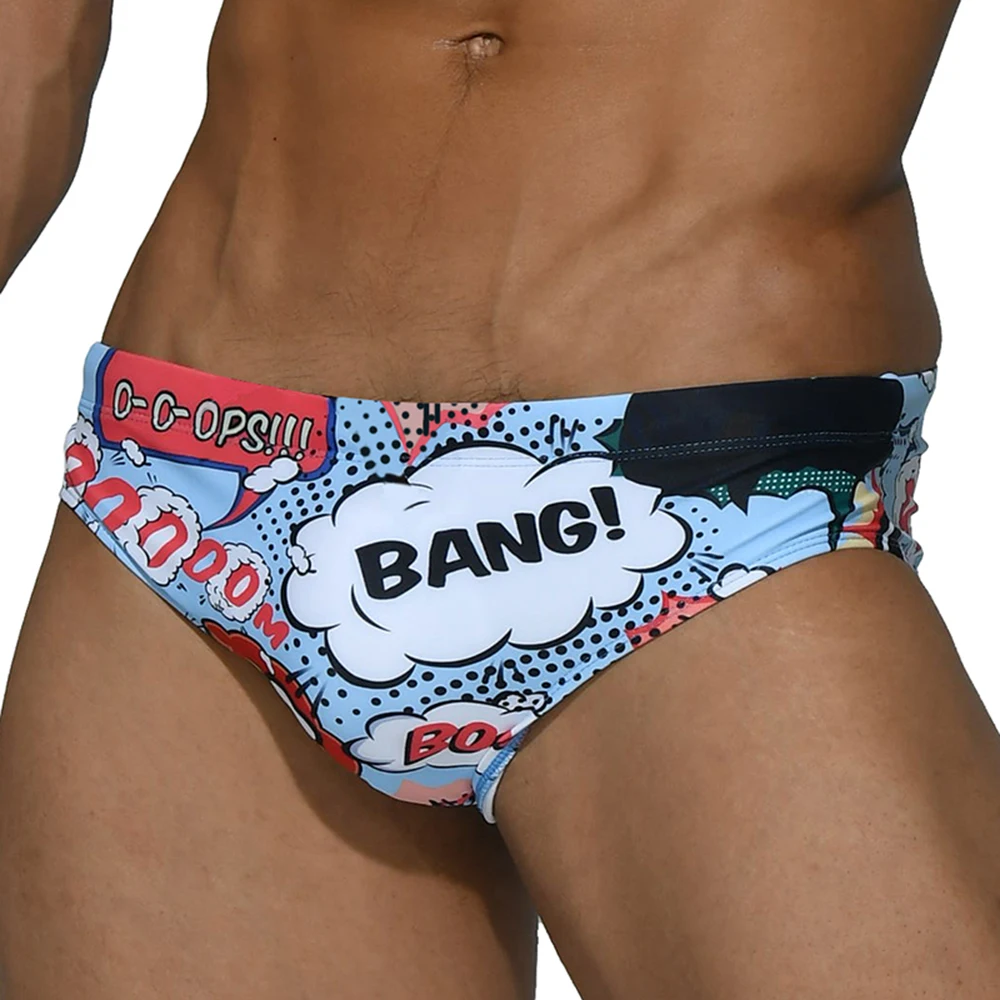 Sexy Low Waist Mens Swimwear Quick Dry Swimming Briefs Pouch Pad Bathing Swimsuits Cartoon Fashion Male Beach Surfing Trunks