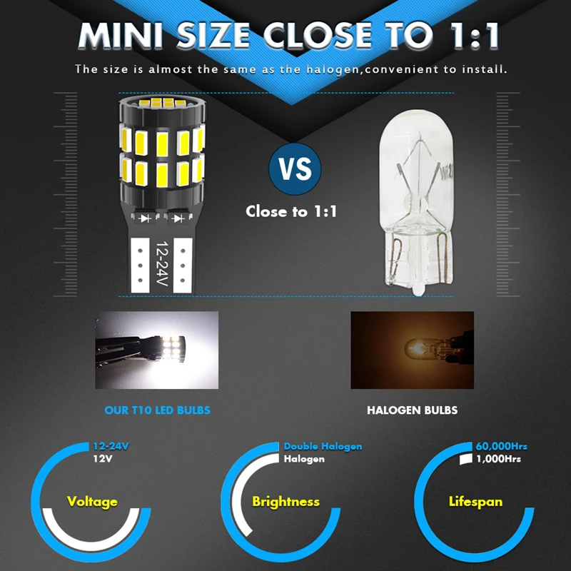 Katur 10Pcs T10 LED Canbus W5W LED Bulb Auto Lamp 3014 30SMD Car Interior Light 194 168 Light Bulb White Red Yellow No Error 12V