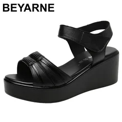 BEYARNE Black Wedges Heel Sandals Women's New Summer Middle Heel Plus Size 43 Ladies Sandals