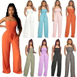 Frau Mode Overalls 2020 Sommer Neue Atmungsaktive Damen Feste Beiläufige Lose Off Schulter Backless Breite Bein Overall Romer Hosen