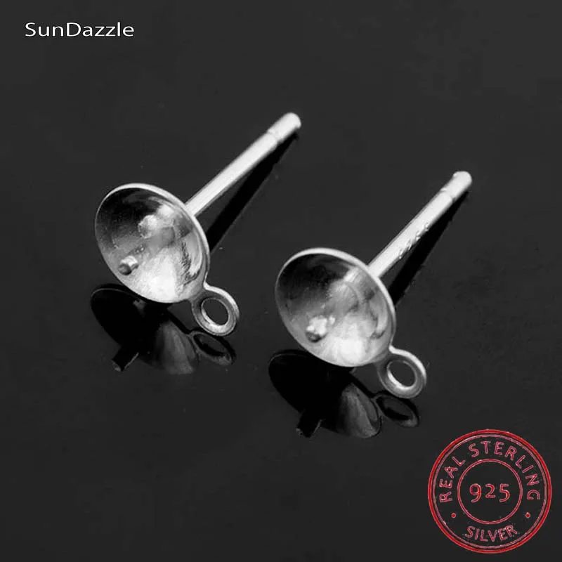 8pcs Real Pure Solid 925 Sterling Silver Earring Studs Needle Post Bow Head Pad Pins With Ring Settings DIY Jewelry Making