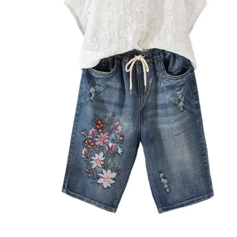 

Women Summer Elastic Waist Floral Embroidery Drawstring Ripped Shorts Female Office Lady Casual Loose Denim Short p159