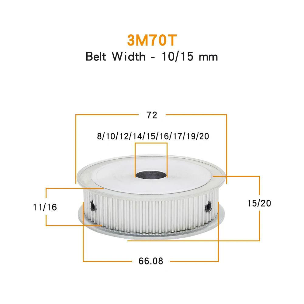 3M-70T Timing Pulley Bore Size 8/10/12/14/15/16/17/19 mm electric Motor Pulley Alloy Material For Width 10/15 mm 3M Timing Belt