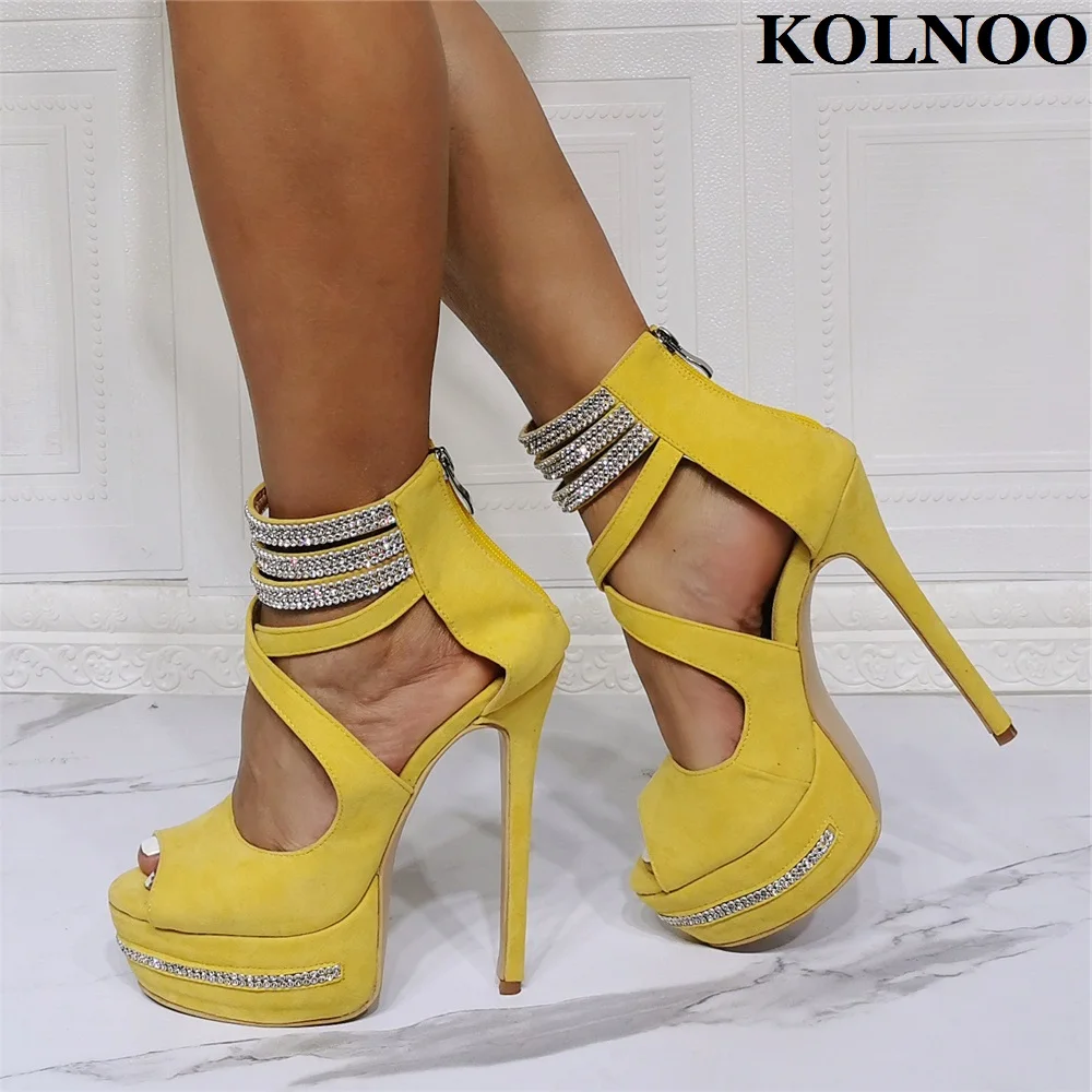 Kolnoo New Handmade Real Photos Womens High Heel Sandals Cross Straps Peep-toe Sexy Platform Crystals Evening Club Fashion Shoes