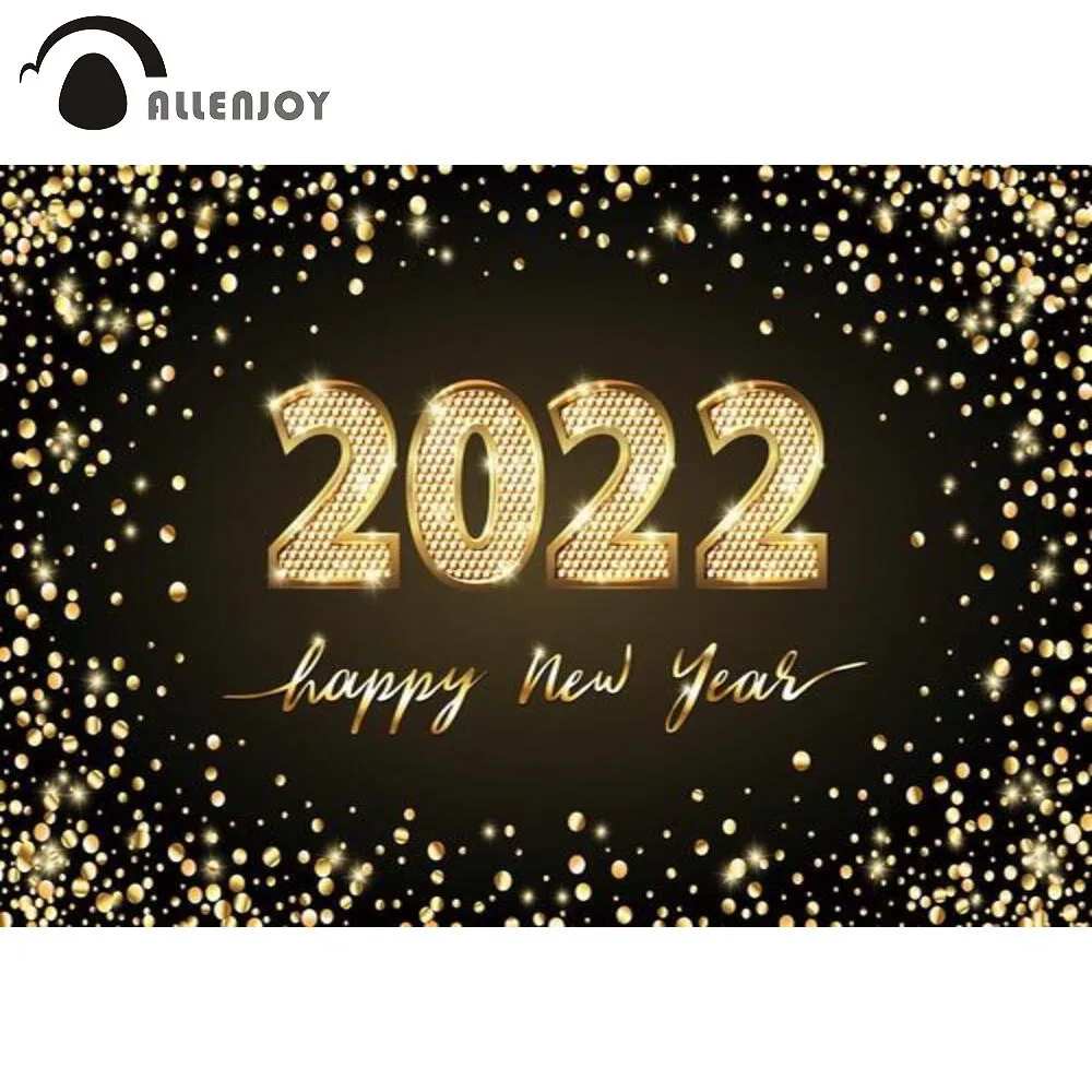 

Allenjoy 2022 Happy New Year Party Backdrop Black Gold Dots Bokeh Glitter Celebration Family Photography Photozone Background