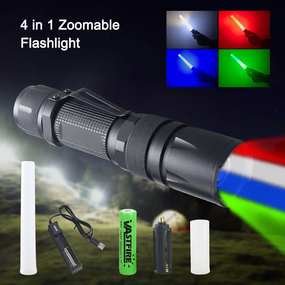 4 in 1 Outdoor Zoomable Hunting Flashlight 5 Modes Multi-color waterproof tactical light Torch with glow stick+18650+Charger