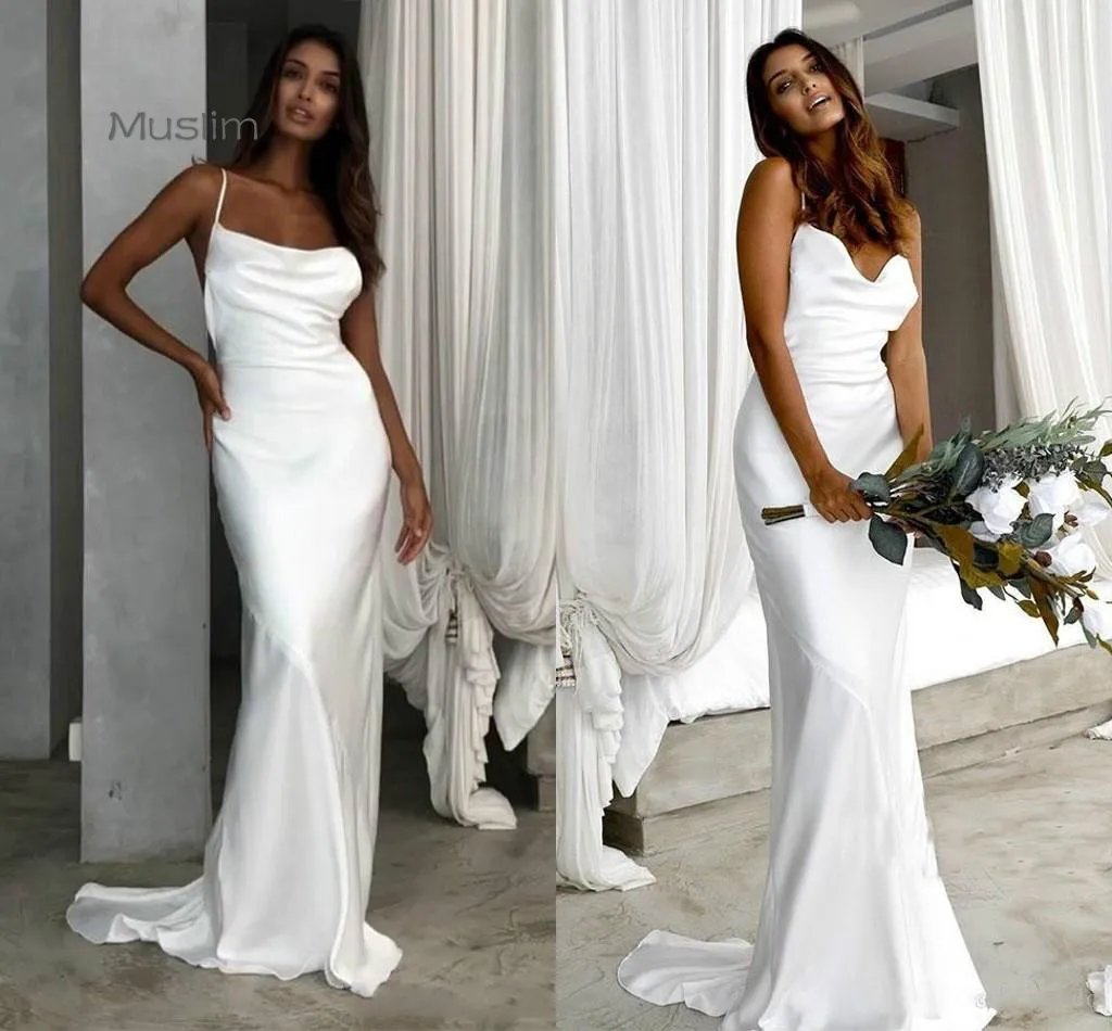 

Simple White Mermaid Wedding Dresses 2021 Sexy Spaghetti Straps Satin Backless Beach Wedding Dress Cheap Bohemian Bridal Dress