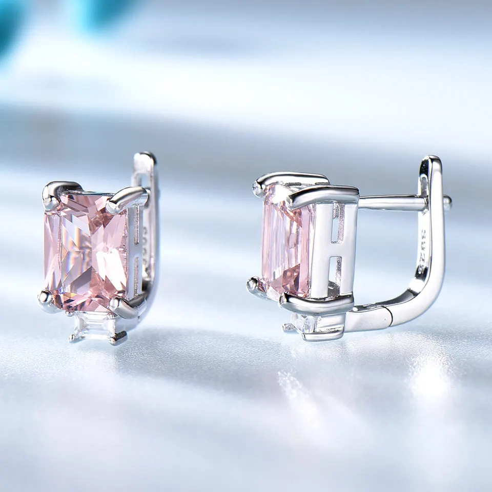 925 Sterling Silver Clip Earrings Pink Clip Earrings Rectangle Earring 6X8mm 5A Zircon Elegant Woman