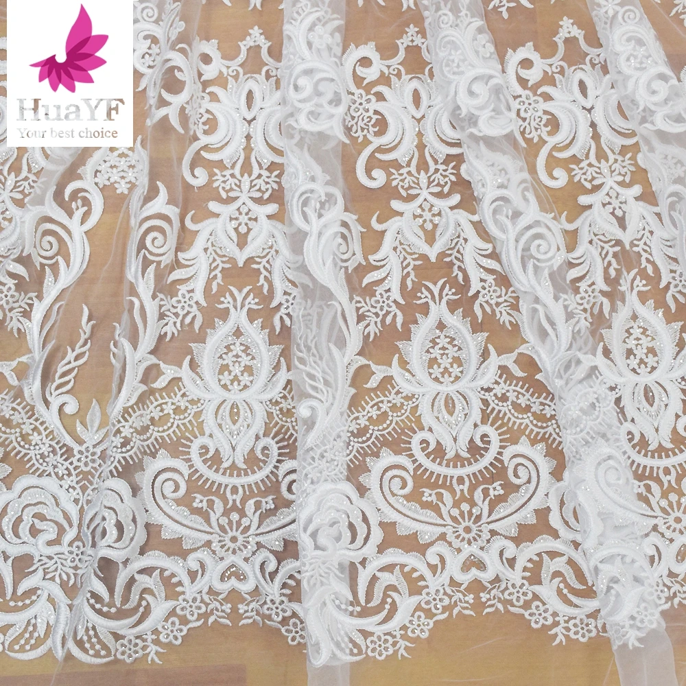 

1 Yard Hot Selling White Net Sequence Lace Fabric For Bridal Wedding Dress HY1175