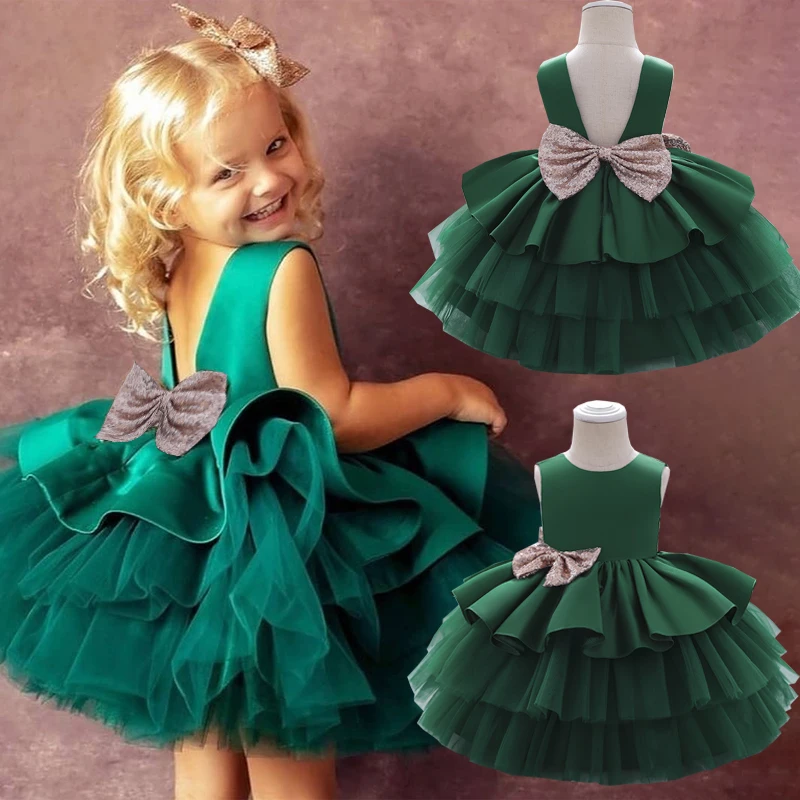 2024 Summer Sequin Big Bow Baby Girl Dress 1st First Birthday Party Wedding Dress For Girl Princess Evening Dresses Kid Clothes