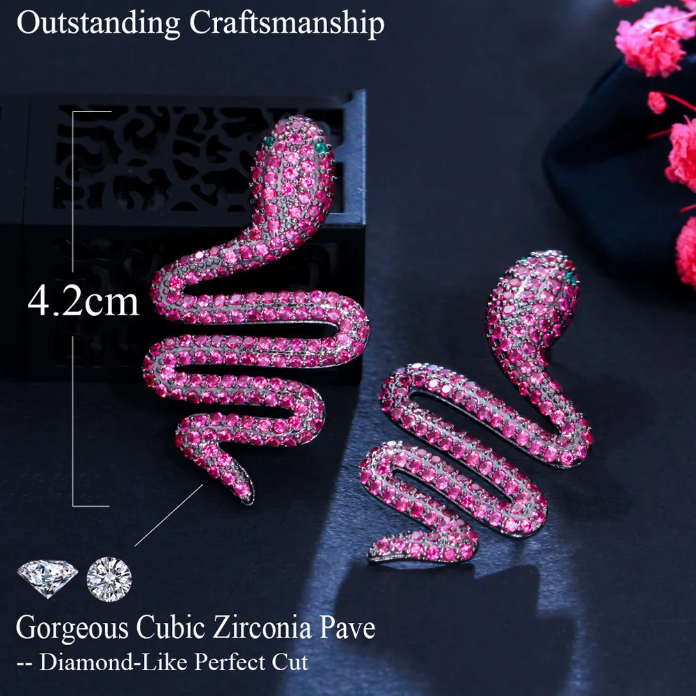 Pera Personality Distorted Snake Colorful CZ Gold Color Long Symmetrical Animal Earrings for Women Brincos European Jewelry E783