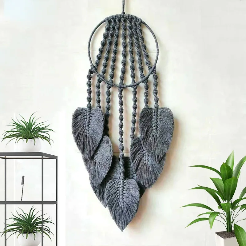 

Feather Leaf Macrame Hoop Dream Catcher for Wall Art Hanging Bedroom Home Decoration Ornament Craft Gift Handmade Woven Tapestry