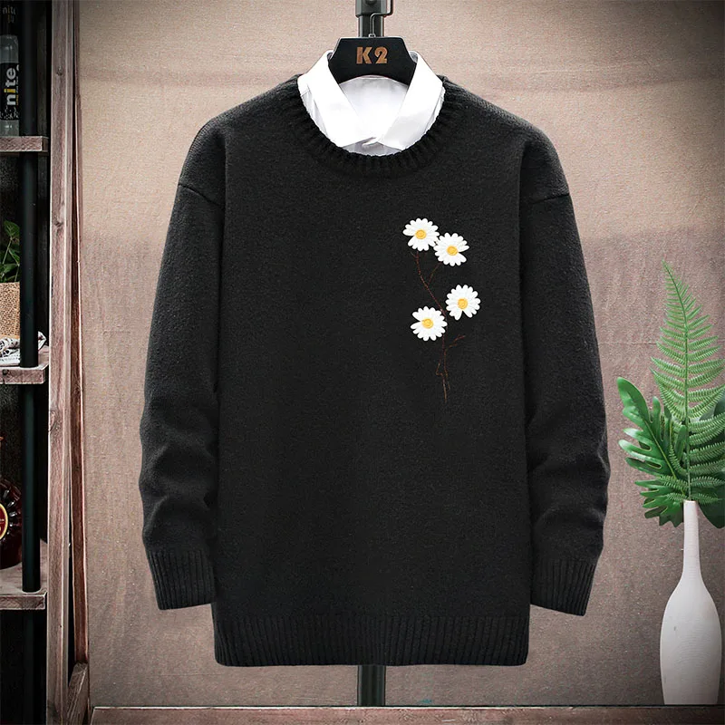 Brand Fashion Men Casual Sweaters Flower Embroidery Male Korean Knitted Pullovers Black White Khaki Spring Winter Size M-3XL