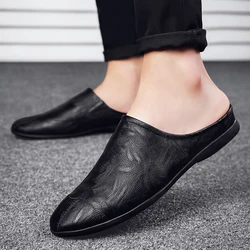 Luxury Designer Half Shoes For Men Leather Backless Loafers Slippers Mens Semi-Drag Casual Shoes Breathable Summer Slip On Flats