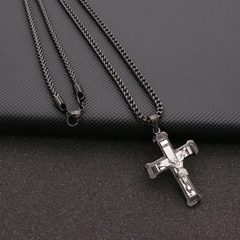 New Arrival Women's Simple Cross Pendant Necklace 2.5MM/60CM Chain Stainless Steel Black Mens Cross Necklace For women Best Gift