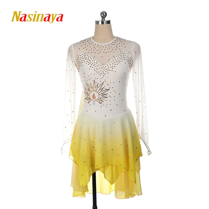 Women\'s and Children\'s Nasinaya Figure Skating Competition Training Dress Artistic Gymnastics Performance Dress White Yellow