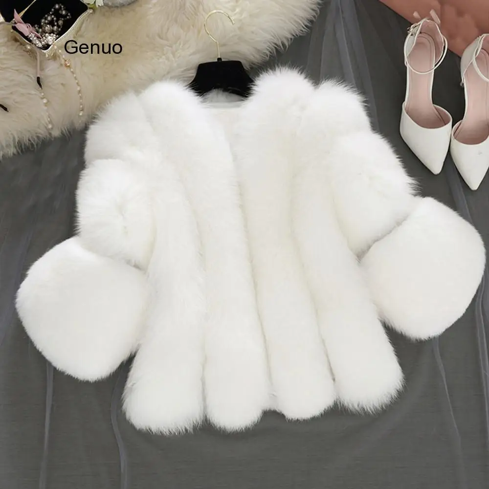 

S-4XL Fox Fur Coats Women Winter Warm White Pink Faux Fur Coat Elegant Thick Warm Outerwear Fake Fur Jacket Chaquetas Mujer #38