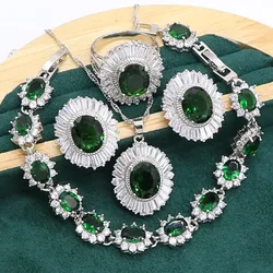 Huge Green Emerald 925 Silver Jewelry set for Women Bracelet Stud Earrings Necklace pendant Ring Birthday Gift