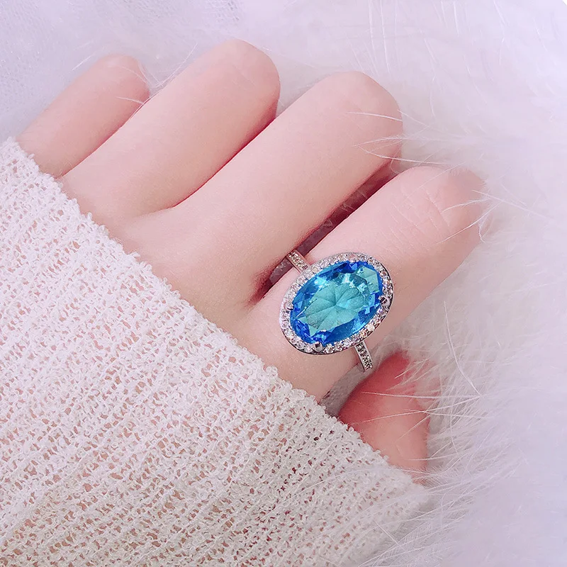 Cellacity Temperament Aquamarine Ring for Women Trendy Silver  Jewelry Oval shaped Gemstones Sea Blue Wedding Accessories