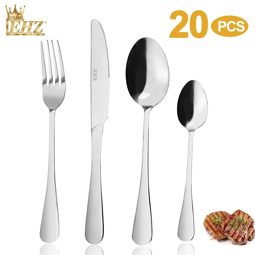 EHZ Cultery Set Of 20PCS Stainless Steel Tableware Knife Silver Dinnerware Mirror Polishing Knife Fork Spoon Set Steak Dining to