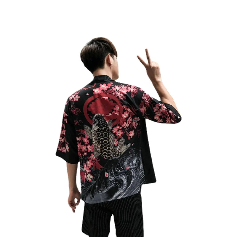 

Yukata Kimono Men/Women Japanese Bath Robe Gown Party Dress Print Cherry Blossom Wave Carp Bathrobe Kimono Shirts G001