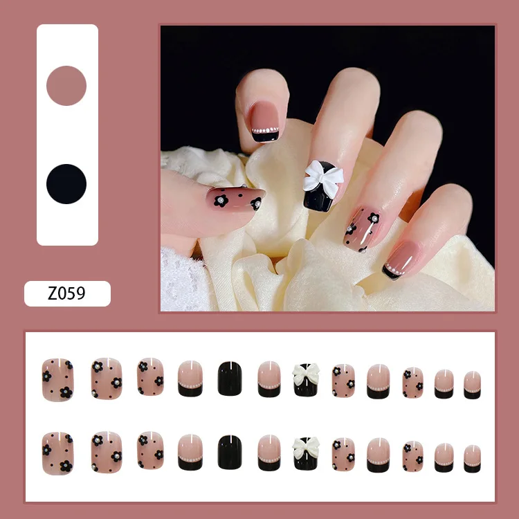 24pcs Bow Pearl Nail Patch Black Flower Printed Glue Type Removable Short Paragraph Fashion Manicure False Nails Patch