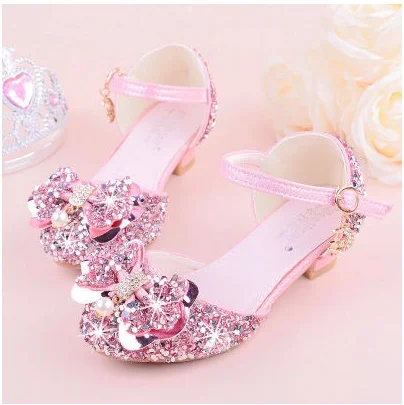 Sandalias de tacón alto con diamantes de imitación y lazo para niña, zapatos de cuero sintético para baile de princesa, color morado, rosa y