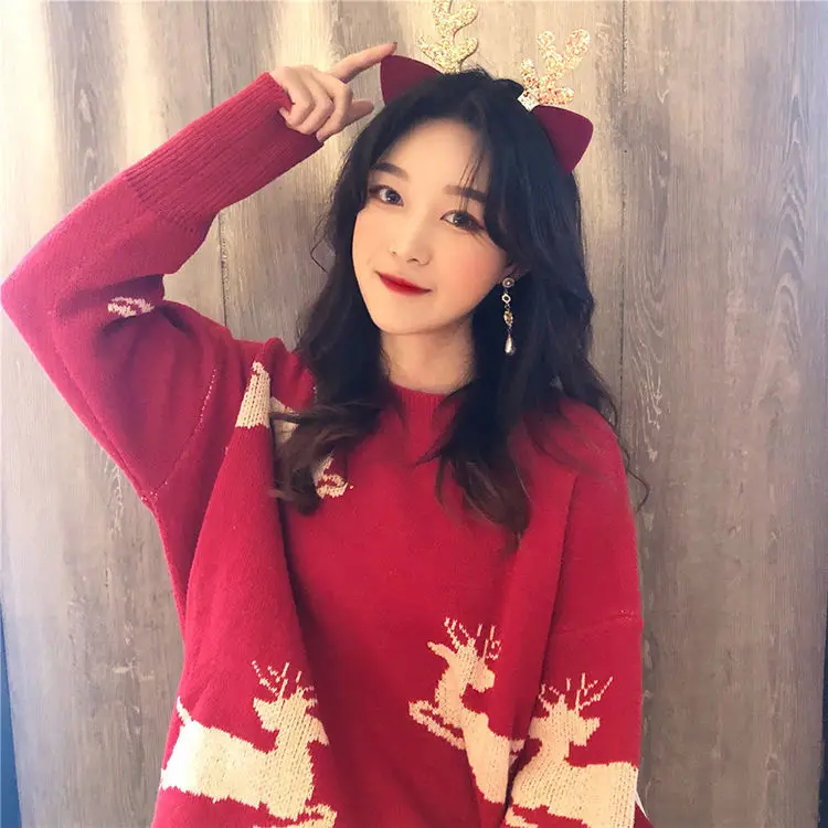 

Woman Sweaters Femme Chandails Christmas Autumn Winter Vintage Top Knitted Loose Pullover Pull Hiver