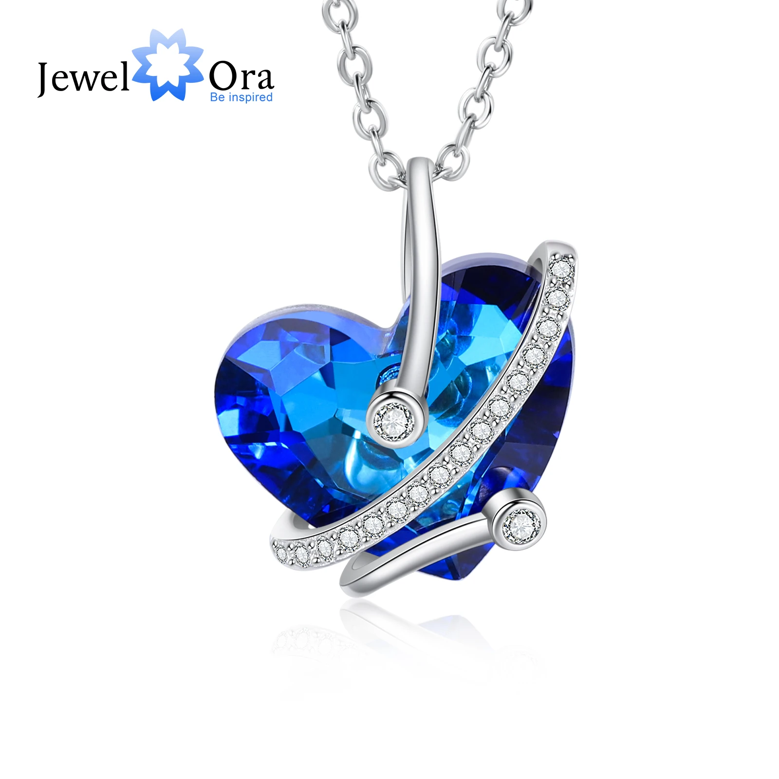 JewelOra New Silver Color Heart Blue Crystal Necklaces & Pendants Fashion Cubic Zirconia Necklace Party Jewelry for Women